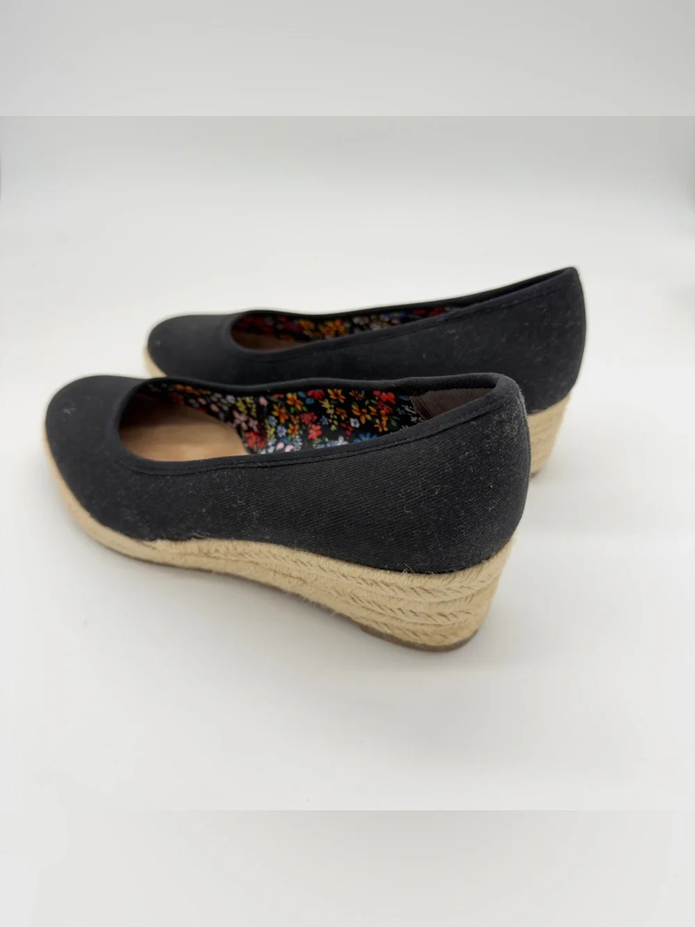 Life Stride Black Canvas Espadrille Wedge Flats with Floral Lining